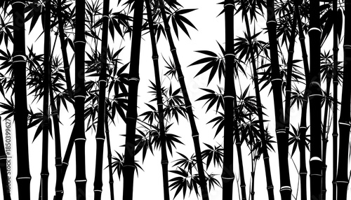 Graphic silhouette of bamboo stalks and leaves against a white background in a dense, wild arrangement
