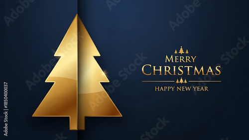 Elegant golden christmas tree greeting card design on dark blue background