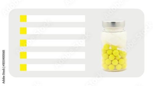 Pills in bottle with interactive information interface. Ideal for pharmaceutical, medical, or health-related presentations and advertisements.