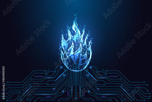 Futuristic glowing fire sphere on circuit board, energy and heat technology vector