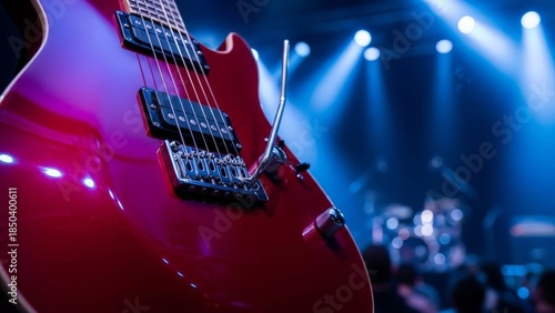 Close up of a red electric guitar on a brightly lit concert stage