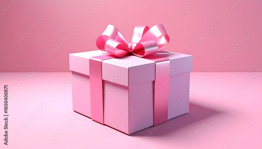 Obraz premium Pink gift box tied with a ribbon, centered in a soft pink setting with gentle shadows and diffused lighting