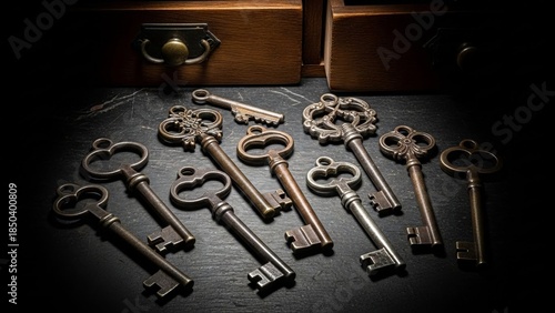 Collection of Ornate Antique Keys Resting on a Textured Surface Near Wooden Drawers