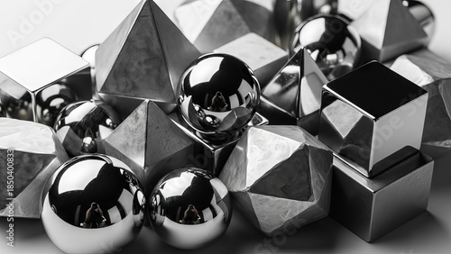 Collection of Shiny Metallic Geometric Forms and Spheres