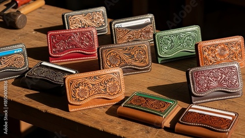Collection of Tooled Leather Wallets with Intricate Floral Embossing