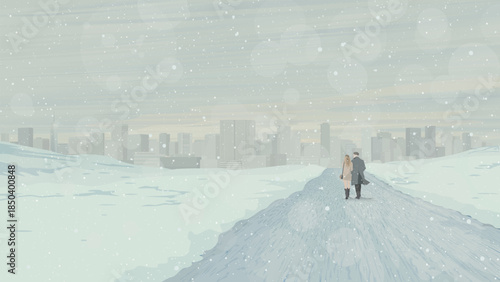 Public park covered by snow in winter season with couple of lover walking together on the track have skyscrapers far away