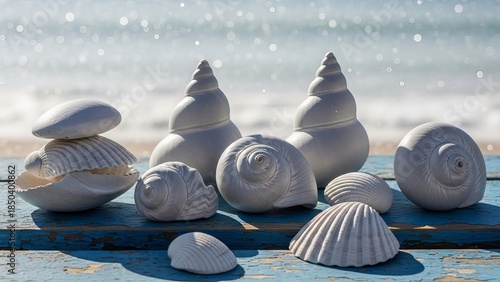 Collection of White Seashells Displayed on a Blue Wooden Surface with a Beach Background