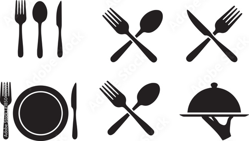 spoon, Fork, knife, and plate icon set, Hand holding food tray , Dinner service collection, Silhouette of cutlery. Vector illustration.