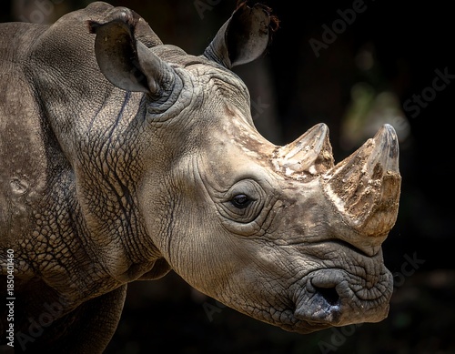 Large rhino head shot, textured hide, prominent horn, dark background, thoughtful gaze
