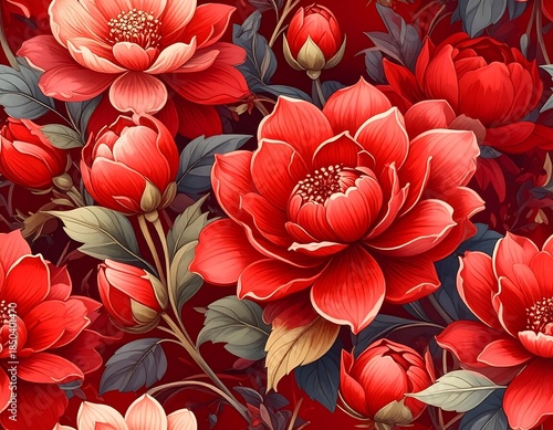 Wallpaper Mural Lush floral pattern with vibrant red and pink blossoms amid dark leaves, densely packed together Torontodigital.ca
