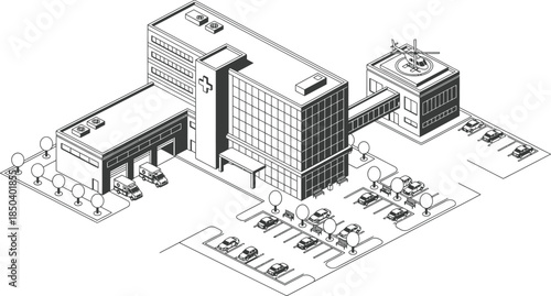 Hospital building exterior in isometric vector style