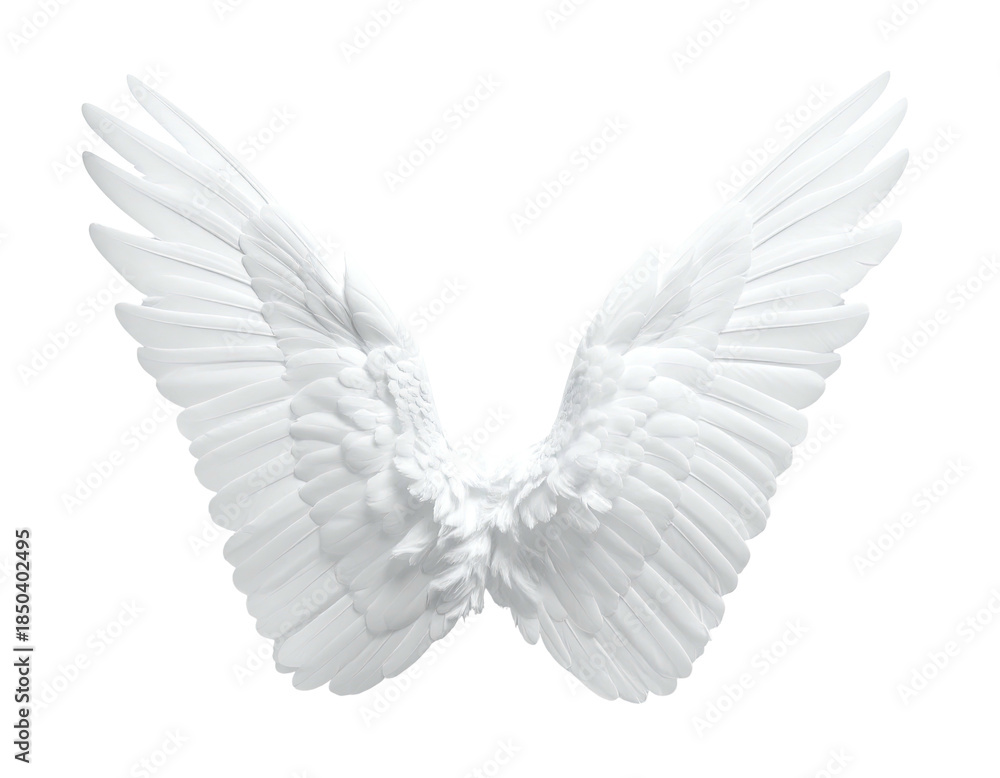 Obraz premium Delicate, pristine, spread-out white wings isolated on a stark black background, showcasing intricate details