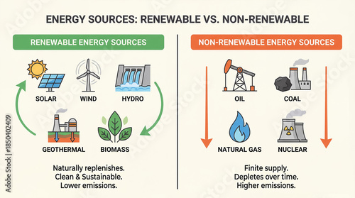 Infographic comparing renewable versus non-renewable energy sources with icons, sustainability education concept
