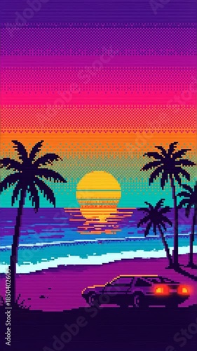Retro vaporwave sunset over tropical beach with palm trees and parked car silhouette. Digital art sequence showing serene ocean waves and 80s inspired neon glow for relaxation visuals. Vertical video