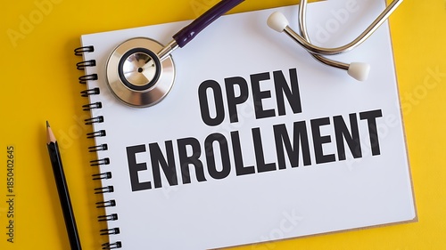 Open Enrollment Text on Notebook with Stethoscope for Health Insurance and Medical Benefits Period Concept