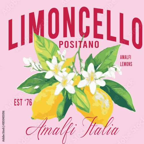 Limoncello lemons citrus ital girls girly tshirt spritz wine Trending  t-shirt design Slogan Logo Graphic Vector Tee shirt and apparel print in medditerrean  style Vector illustration  trendy pink ora