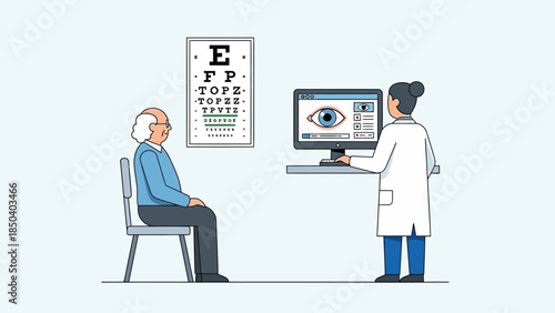 Man watching television on a monitor while working at a computer in an office illustration