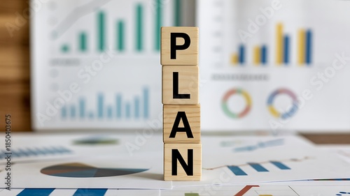 Vertical wooden blocks spelling PLAN on a background of financial charts, representing strategic planning.