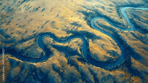 Aerial View of a Winding River Through a Desert Landscape.