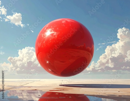 Large, smooth, red sphere floats above a white, reflective surface with a blue sky and fluffy clouds backdrop