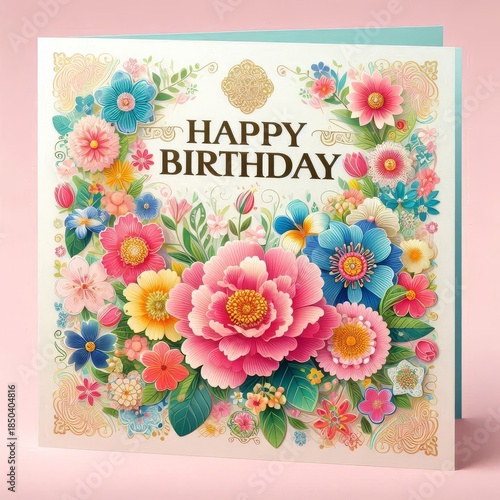 Happy Birthday card with vibrant flowers in a semi-circle. Design for greeting cards, social media posts, blogs.