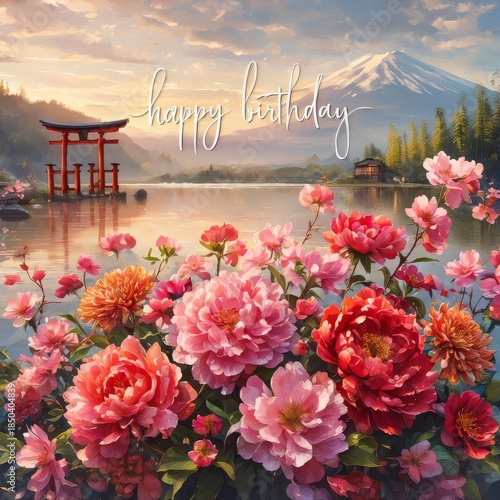 Japanese style birthday card with tori gate, mount fuji, lake and beautiful flowers. Design for birthday cards, greetings, social media posts, blogs.