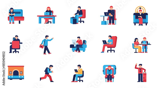 Modern flat design vector icons illustrating diverse people engaged in professional work, daily commutes, and various business and lifestyle activities