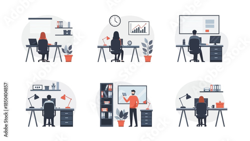 Modern Office Environment Individuals Working at Desks, Presenting, and Collaborating