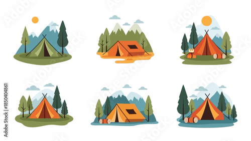 Minimalist flat design collection of outdoor camping illustrations, featuring colorful tents, majestic mountains, and serene pine forests for nature adventure concepts