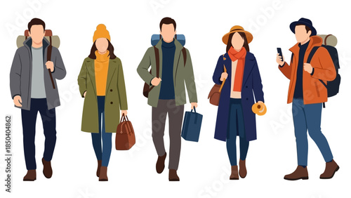 Stylish group of five adventurous people in flat illustration style, equipped with travel essentials, preparing for a journey or outdoor exploration