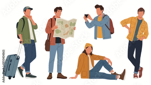Collection of diverse young travelers illustrated in various poses with suitcases, maps, and cameras, ready for adventure and exploration