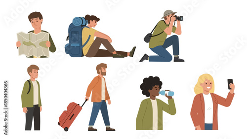 Collection of diverse cartoon characters illustrating various aspects of travel, including exploration, photography, and movement with luggage on a holiday trip