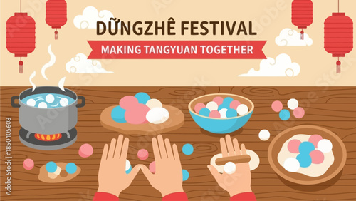 People preparing traditional dumplings together at the Dongzhi Festival on a wooden table