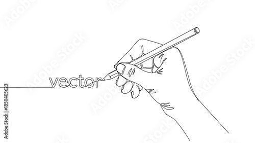 Hand holding pencil creating continuous line art vector illustration