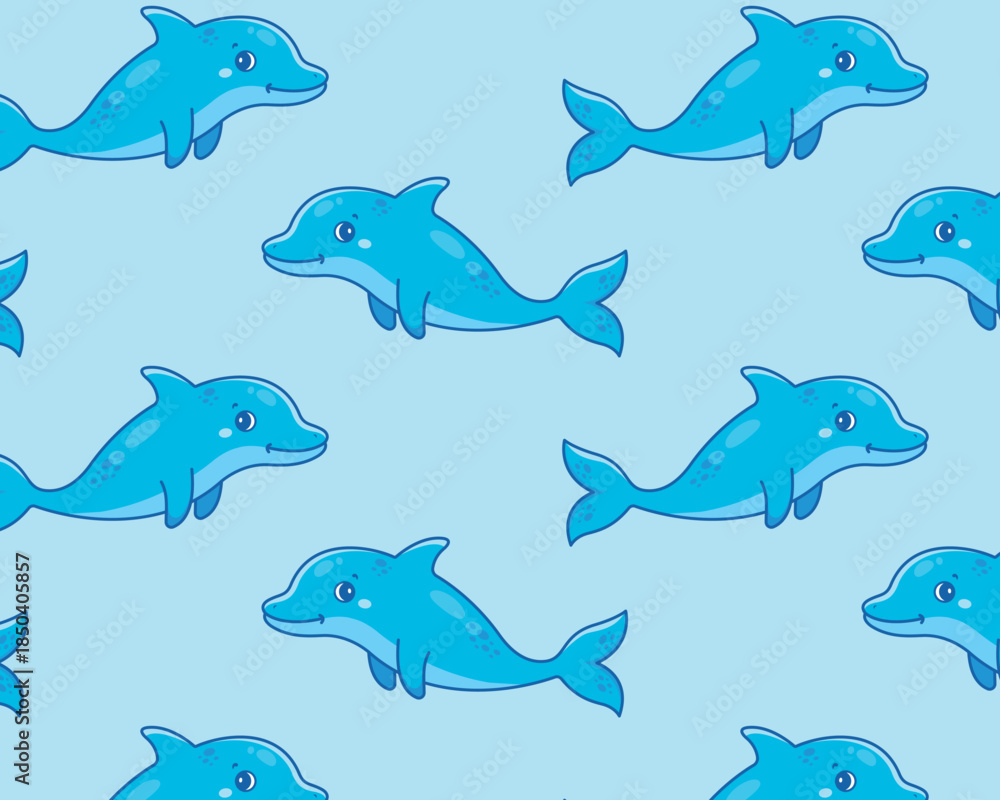 Fototapeta premium Cute cartoon dolphin. Sea pattern. Isolated background. Vector illustration