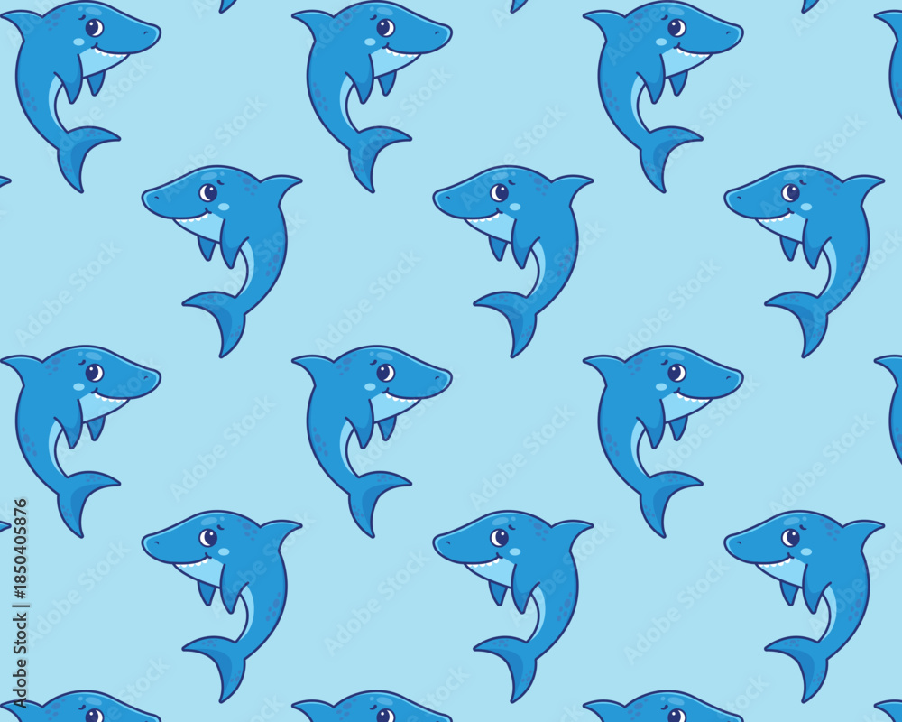 Fototapeta premium Cute cartoon shark Sea pattern. Isolated background. Vector illustration