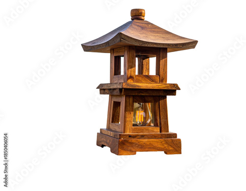 Wooden Asian-style lantern with open windows and a lightbulb inside