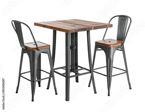 A pair of metal chairs flanking a square-top high table, all with wooden seats