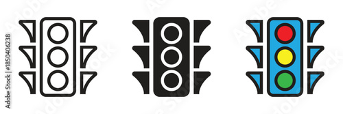 Modern traffic light vector icon with red, yellow, and green signals. Ideal for road safety education, transportation apps, automotive branding, and urban city management designs.