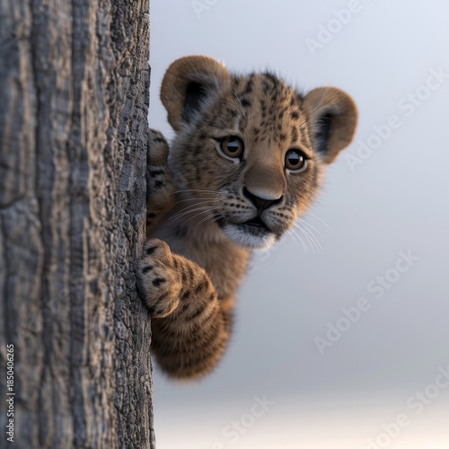 Adorable Baby Lion Cub Peeking from Behind Tree.
