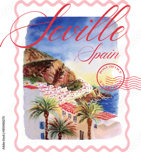 Seville postcards italy European Spain stamp spanish cute motifs checker euro Trending t-shirt design Slogan Logo Graphic Vector Tee shirt  apparel print Mediterranean style vector beach sea town wave