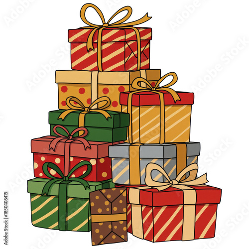 Stacked Gifts of Joy: A vibrant arrangement of colorful gift boxes, each meticulously adorned with ribbons and bows, create a festive display of joy, perfect for special occasions.