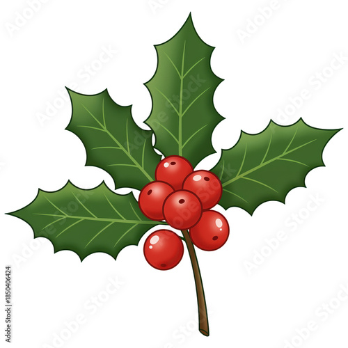 Festive Holly Sprig: A vibrant sprig of holly, adorned with glossy green leaves and a cluster of bright red berries, radiates holiday cheer, perfect for seasonal decorations.