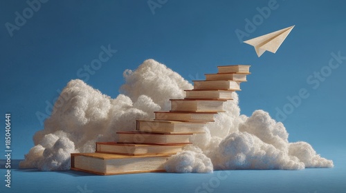 A whimsical depiction showing steps made of books leading into fluffy clouds with a paper airplane flying above against a bright blue sky