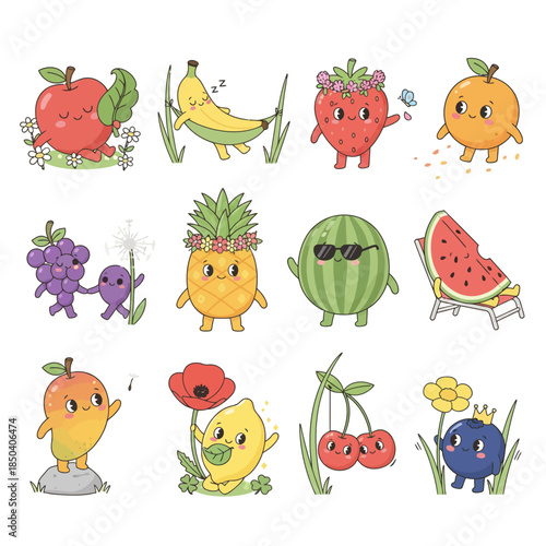 Collection of cute cartoon fruits with happy faces and playful poses, including apple, banana, strawberry, orange, grapes, pineapple, watermelon, mango, lemon, cherries, and blueberry characters.