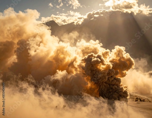 Large, swirling cloud of sand and dust against a sky with sunbeams and mountains in the background