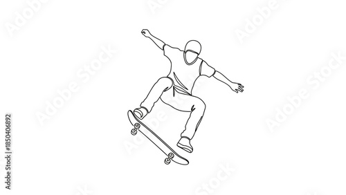 Skateboarder performing aerial stunt with arms outstretched in air