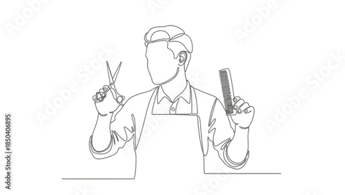 Barber Holding Scissors and Comb Continuous Line Art