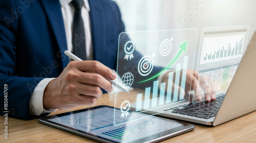 business, growth, indicator, graph, chart, laptop, tablet, office, professional, modern, technology, finance, analysis, data, statistics, economy, success, increase, development, progress, businessman