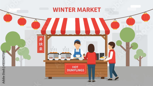 Customers purchasing hot dumplings at a winter market stall decorated with red lanterns and festive trees